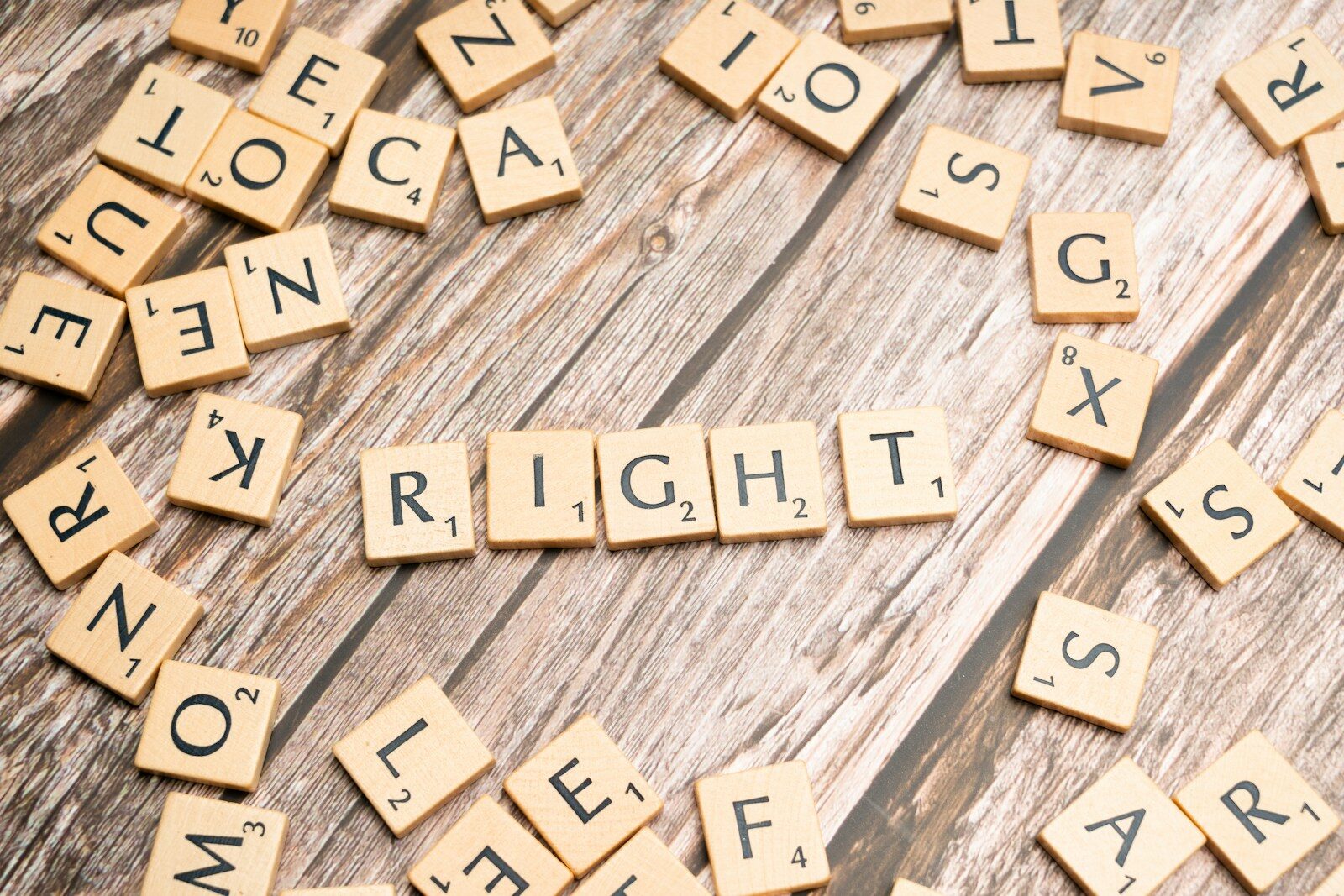 scrabble tiles spelling the word right next to each other