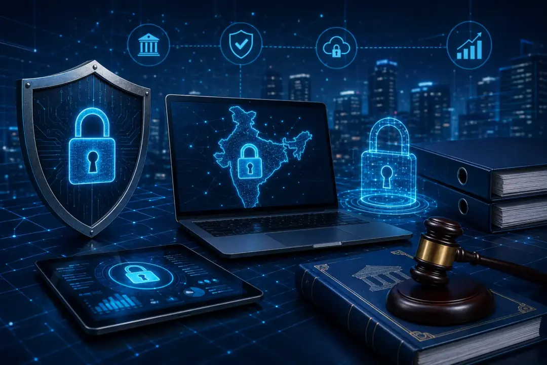 Digital shield icon representing cybersecurity and data protection law insights