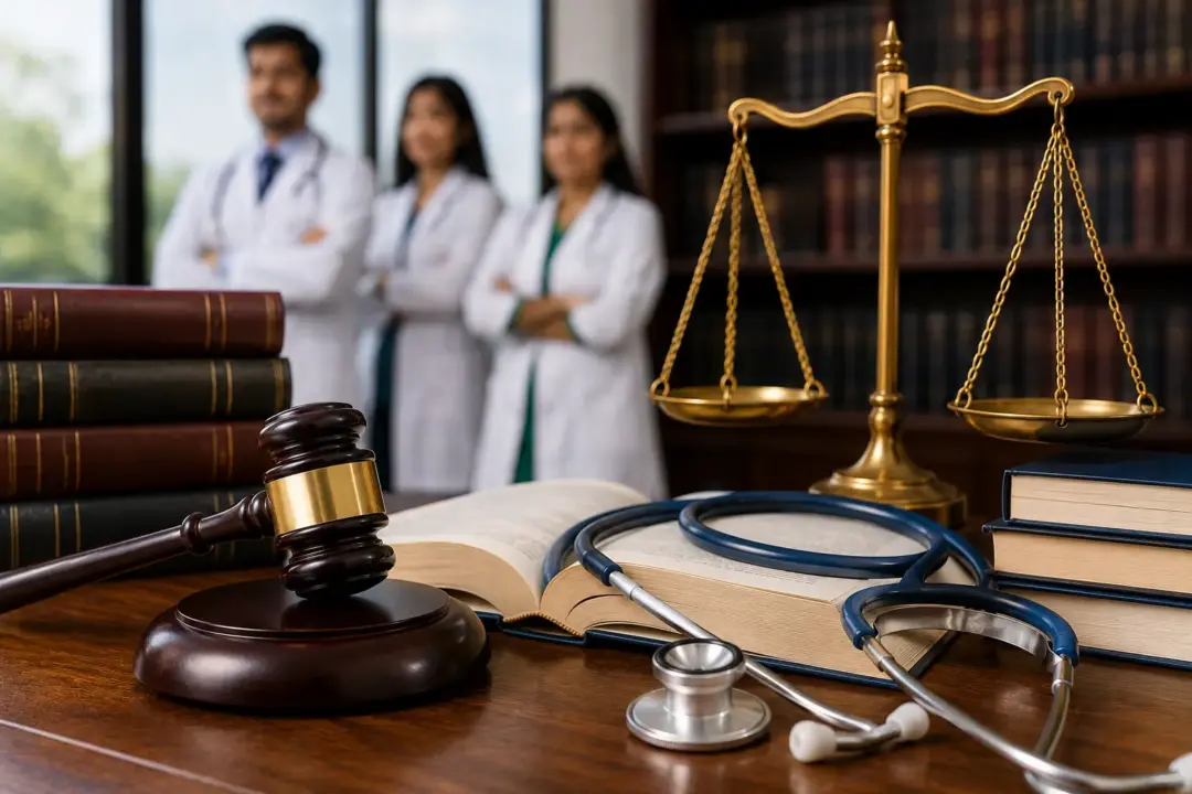 Medical practitioner in a white coat reviewing patient documents under legal guidelines