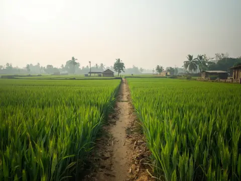 Green wheat fields divided by a narrow dirt path on the edge of a north Indian village at dawn