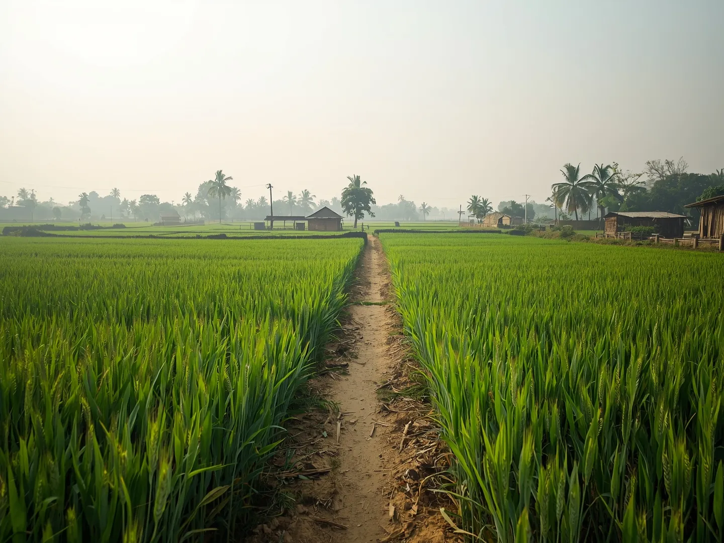 Green wheat fields divided by a narrow dirt path on the edge of a north Indian village at dawn