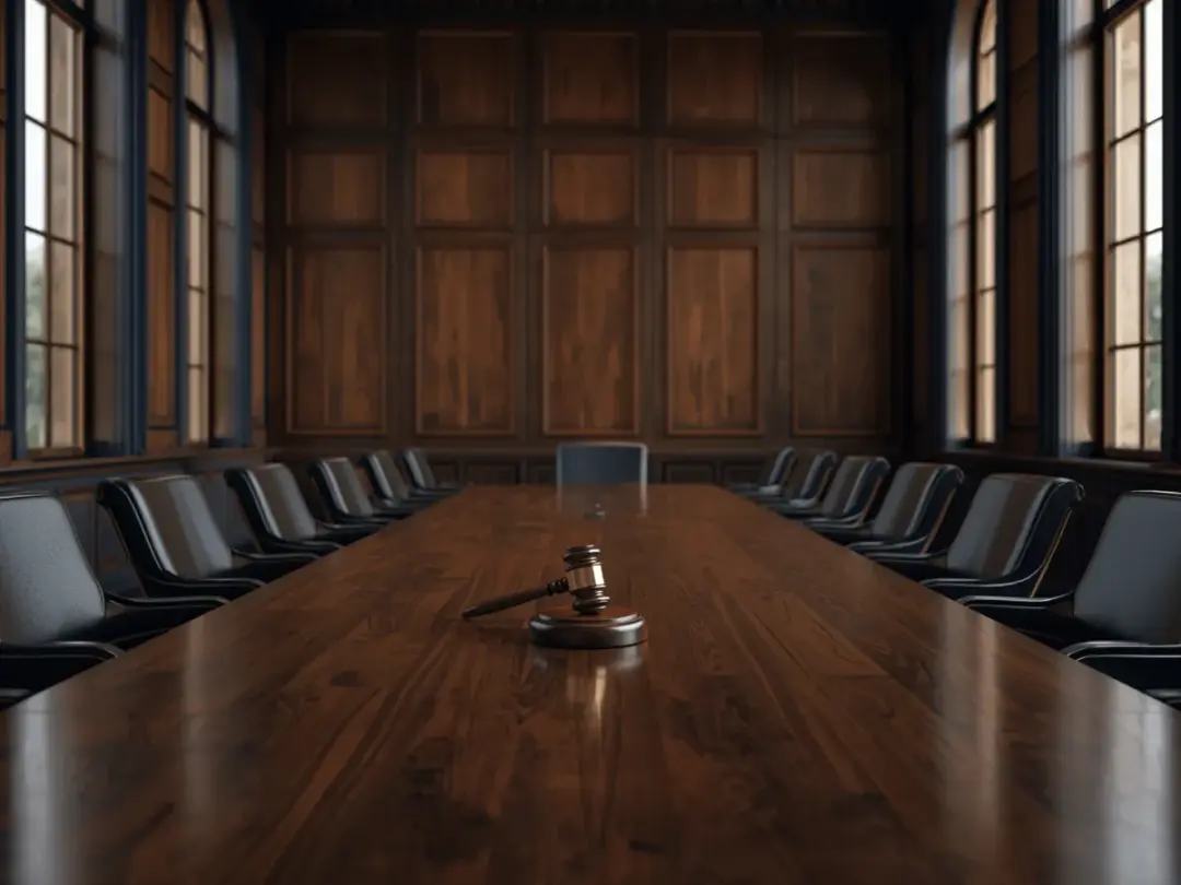 Empty wood-panelled arbitration hearing room with a long table, leather chairs and a gavel