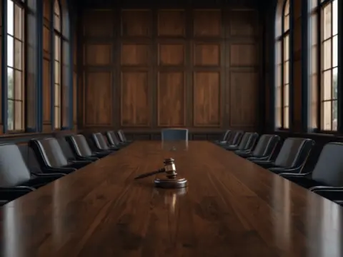Empty wood-panelled arbitration hearing room with a long table, leather chairs and a gavel