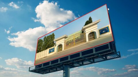 A billboard with a picture of a building on it - real estate advertisements