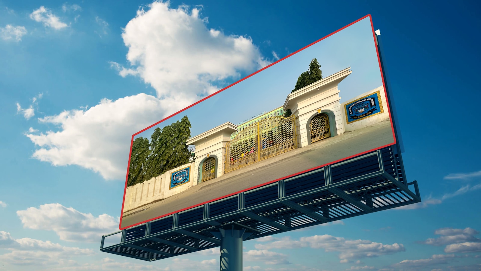 A billboard with a picture of a building on it - real estate advertisements