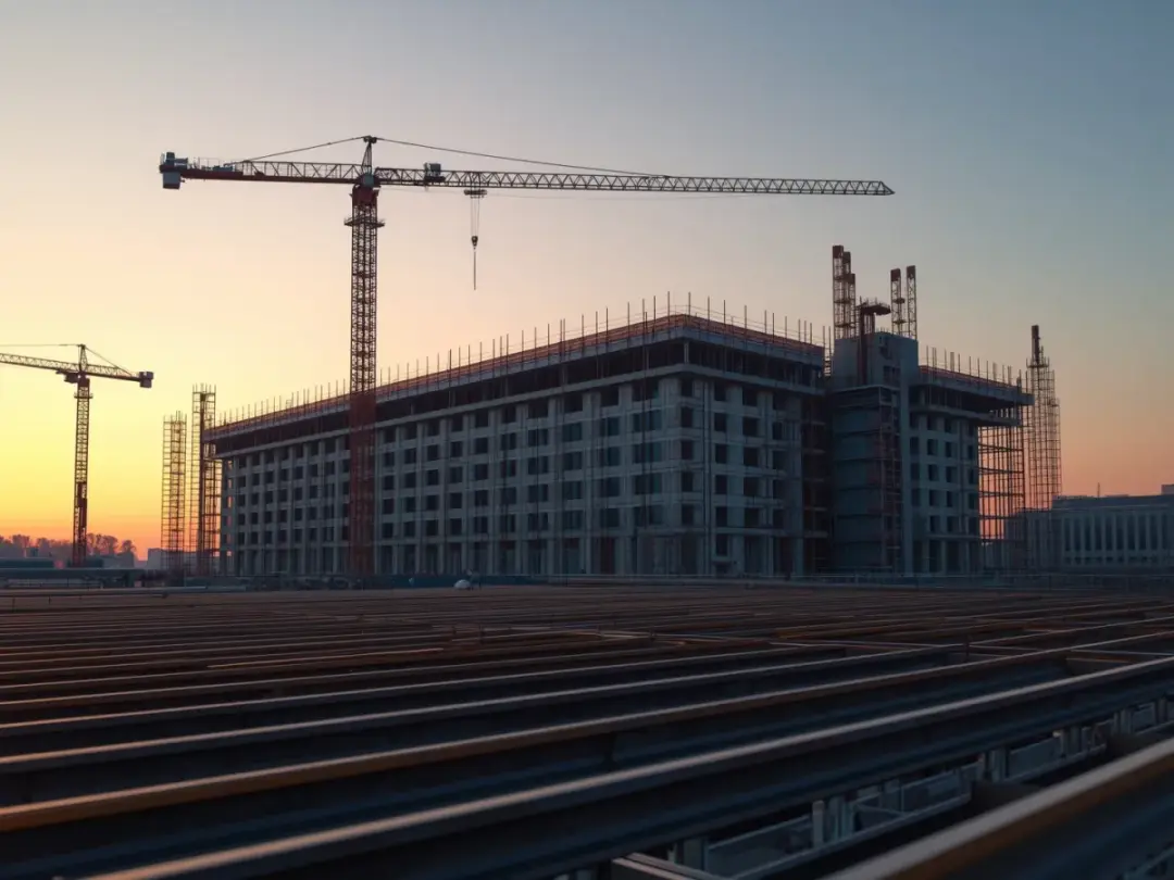 Institutional building under construction with scaffolding and tower cranes at dusk, steel reinforcement bars in the foreground