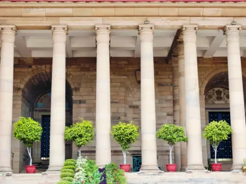 Delhi High Court Reaffirms the Right - Classical stone columns with potted greenery in Delhi, India, showcasing traditional a