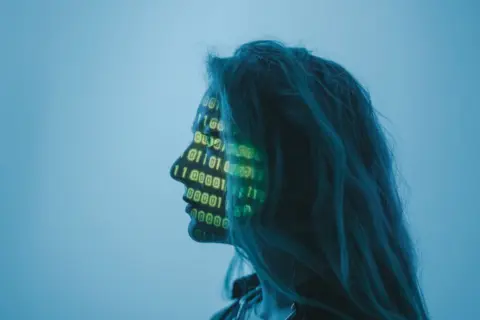 Human Primacy in the Age of - Silhouette of a woman with binary code projected on her face in a digital concept setting.