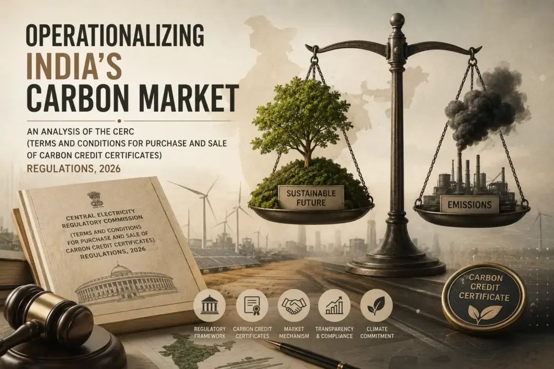 India's carbon market framework illustrated with industrial emissions and green energy symbols