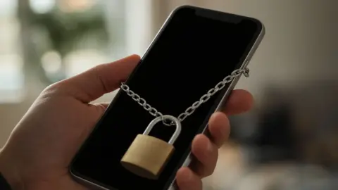 Hand holding a smartphone wrapped in a chain and padlock, illustrating device locking for loan recovery