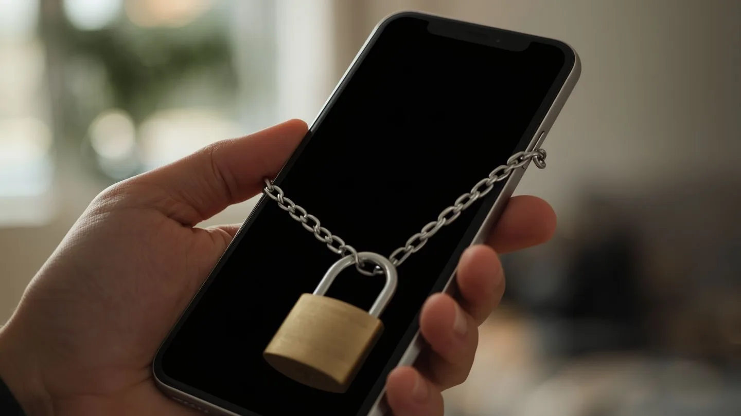 Hand holding a smartphone wrapped in a chain and padlock, illustrating device locking for loan recovery
