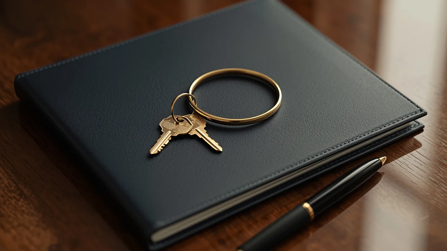House keys and a gold bangle on a closed folder with a pen, illustrating NBFC lending against property and gold