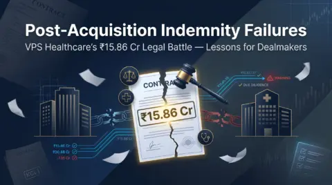 Corporate M&A legal banner depicting post-acquisition indemnity dispute and ₹15 crore litigation risk in healthcare mergers.