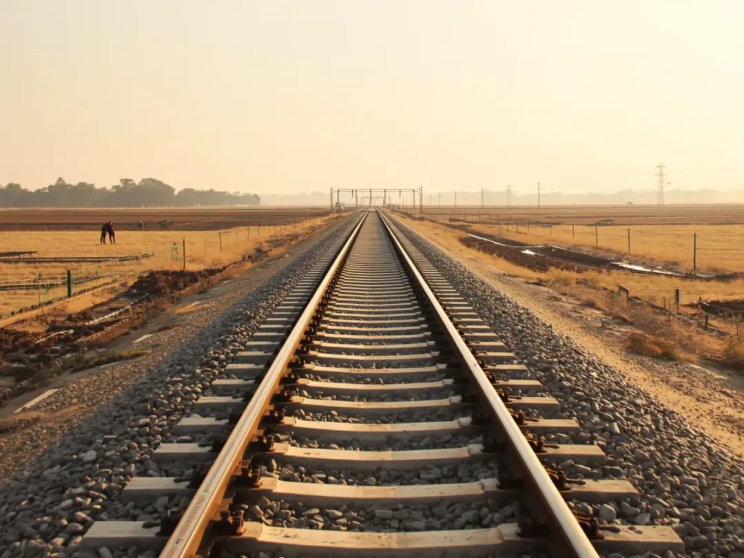 Railway track with concrete sleepers and grey ballast running straight across dry open farmland in early morning light