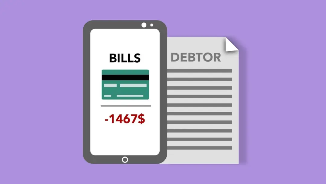 financial debt operational debt invoice financing - Vector illustration of smartphone with credit card picture and bills insc