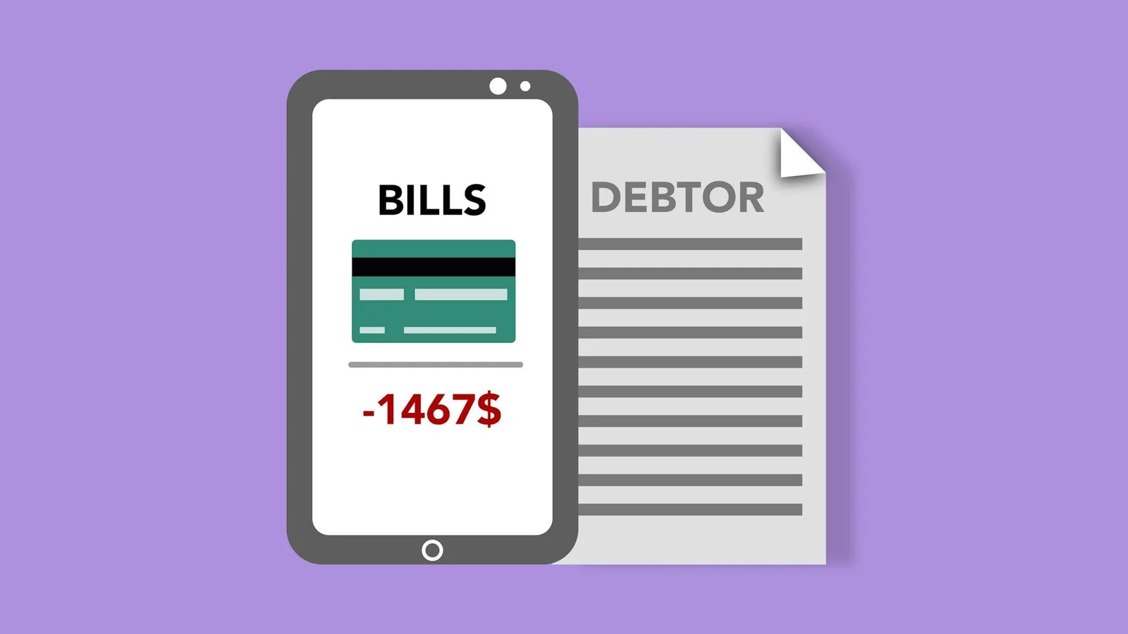 financial debt operational debt invoice financing - Vector illustration of smartphone with credit card picture and bills insc
