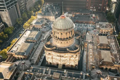 Aerial shot of the Supreme Court Building's architectural details in Melbourne, Australia.