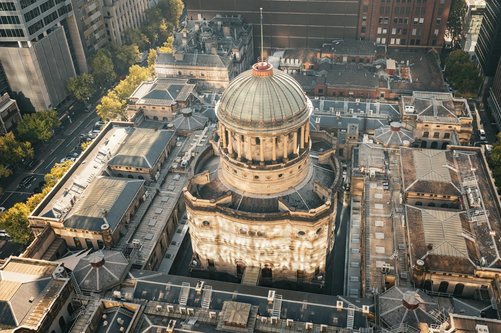 Aerial shot of the Supreme Court Building's architectural details in Melbourne, Australia.