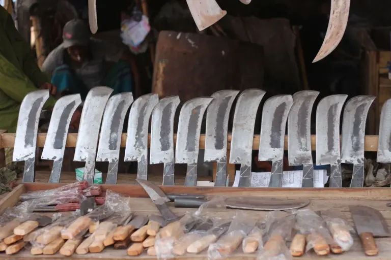 fssai corrosion resistant knives food businesses - A collection of artisanal knives and tools displayed on a wooden table at