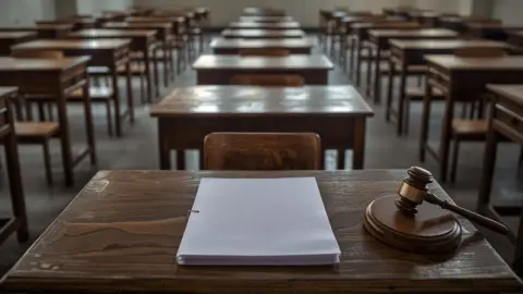 Empty examination hall with a blank file and a gavel on the front desk, illustrating eligibility in public recruitment