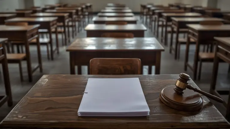 Empty examination hall with a blank file and a gavel on the front desk, illustrating eligibility in public recruitment