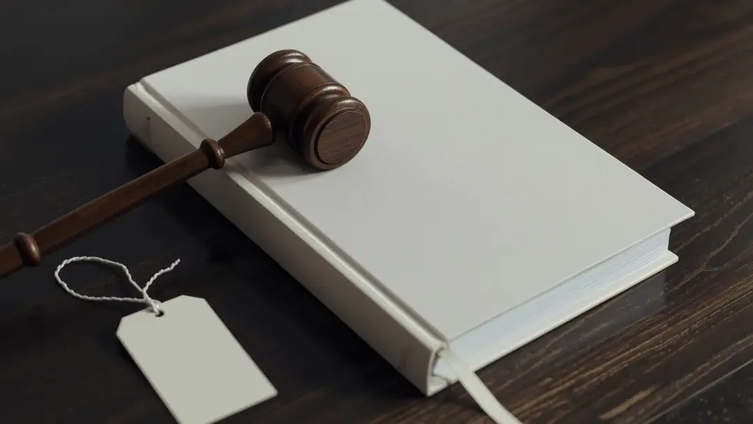 Gavel on a blank hardcover book beside a blank product tag, illustrating a trade mark law challenge