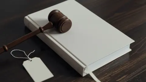 Gavel on a blank hardcover book beside a blank product tag, illustrating a trade mark law challenge