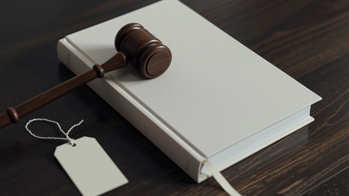 Gavel on a blank hardcover book beside a blank product tag, illustrating a trade mark law challenge