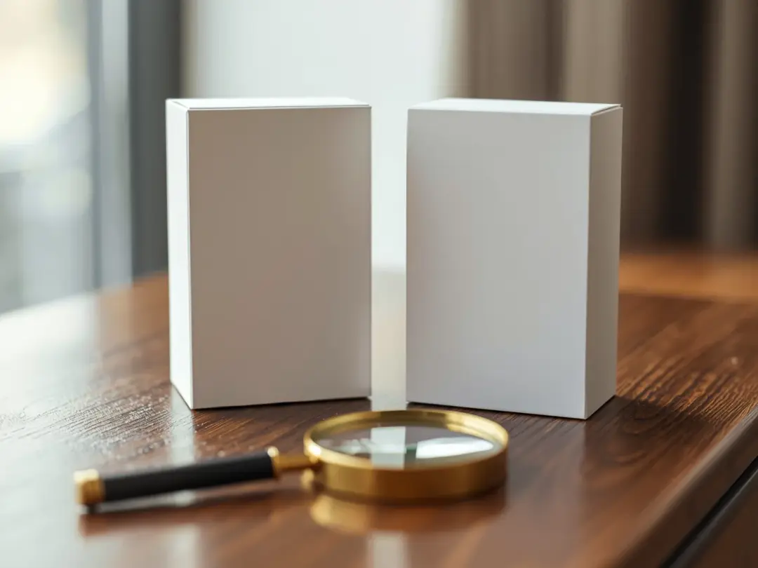 Two plain, nearly identical white boxes side by side on a walnut desk with a brass magnifying glass in front